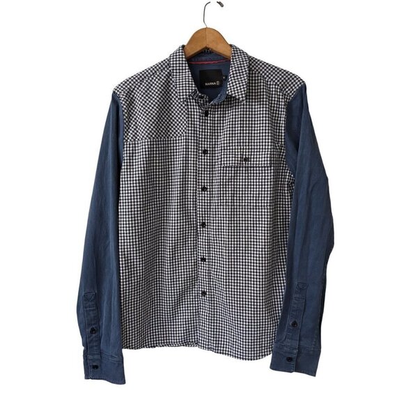 MARNA RO Mixed Media Denim Gingham Button Down Shirt Men's Size M - Picture 1 of 6